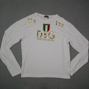 Dolce Gabbana Shirt Women Large White Long Sleeve Tee Gold Graphic Embroidered